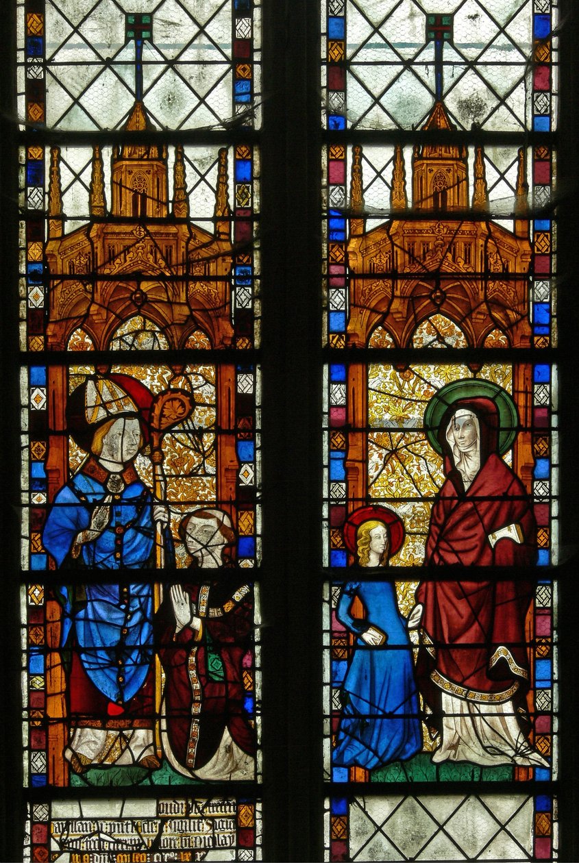 Vindue w17, der viser Skt. Nicholas og donoren Oudin de Troyes; Sankt Anne og Jomfru Maria af French School