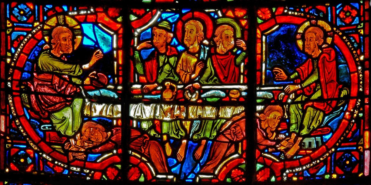 Vindue w17 viser en scene fra Maria Magdalenas liv - helgenen, der vasker Kristi fødder af French School