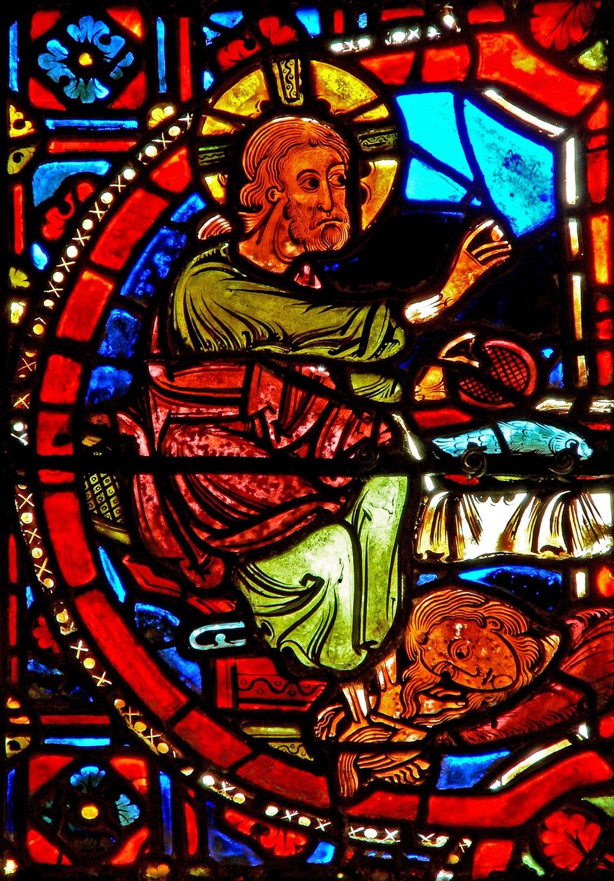 Vindue w17 viser en scene fra Maria Magdalenas liv - helgenen, der vasker Kristi fødder af French School