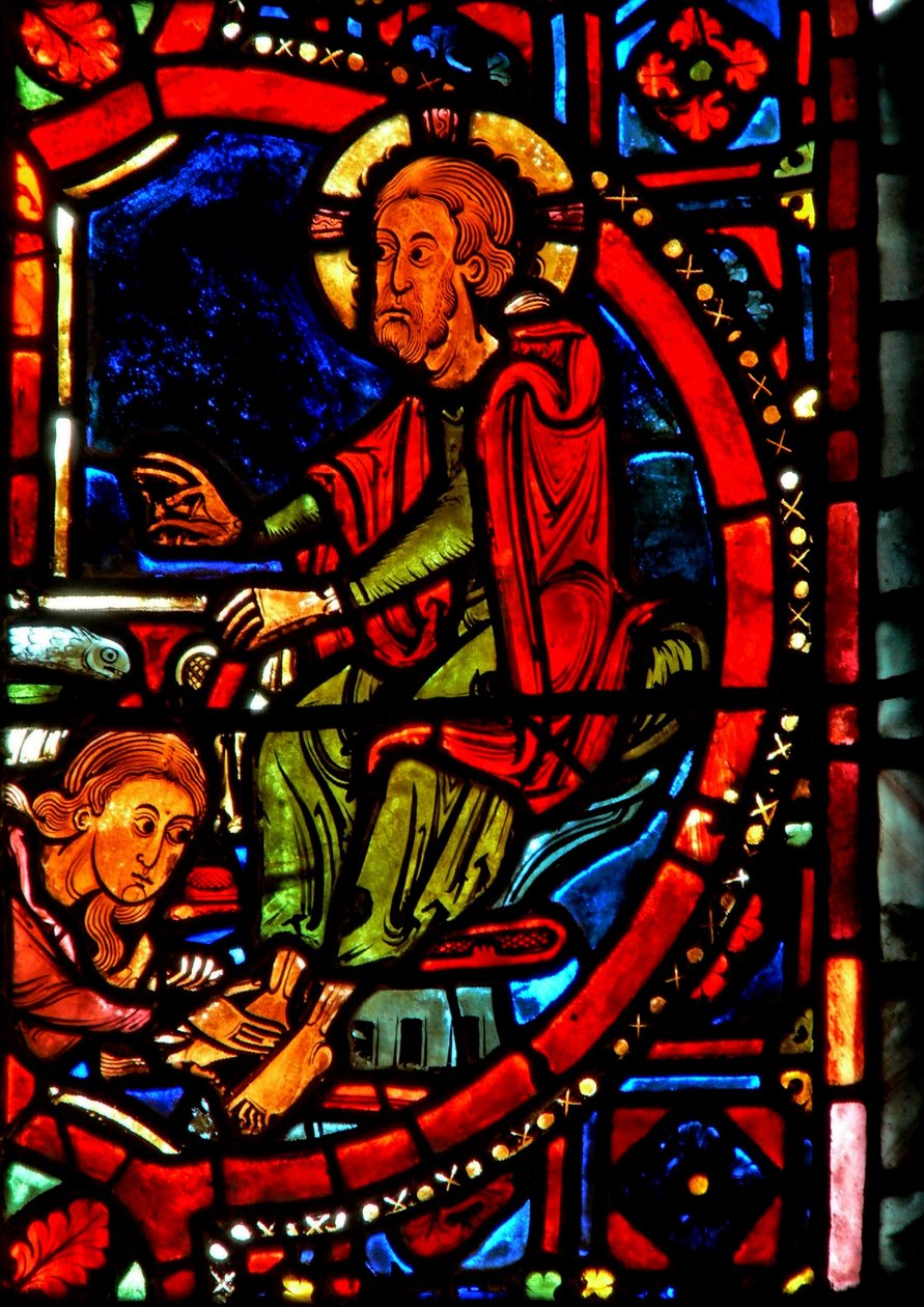 Vindue w17 viser en scene fra Maria Magdalenas liv - helgenen, der vasker Kristi fødder af French School