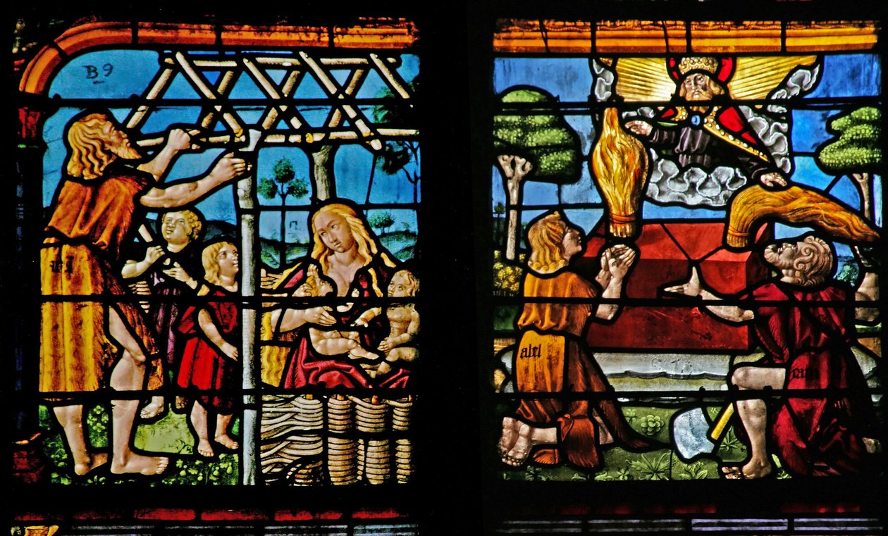 Vindue w1 viser Adam, der bygger et hus, og Eva opdrager deres børn; Kain og Abel bringer deres ofre til Herren af French School