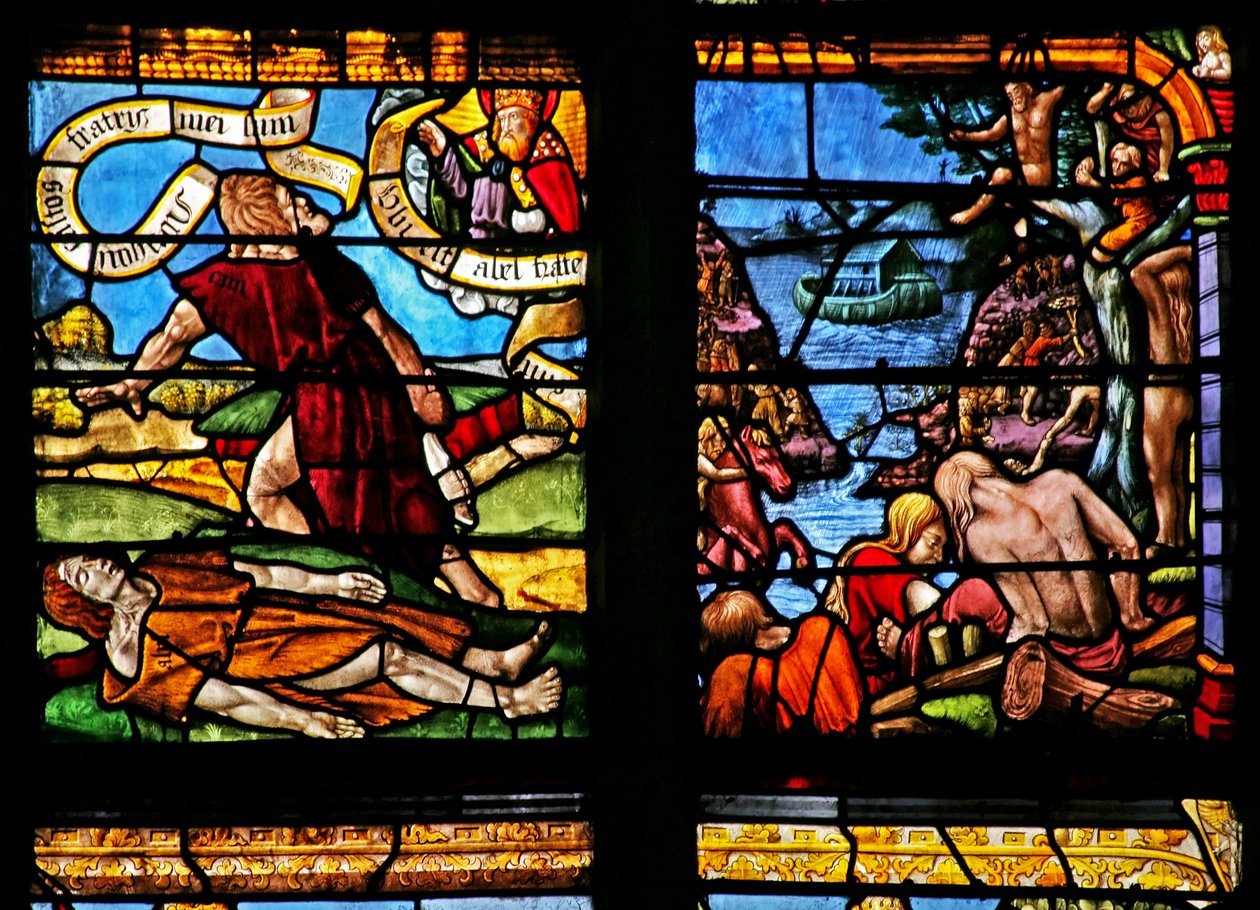 Vindue w1, der viser Kain dræber Abel; Noahs ark af French School