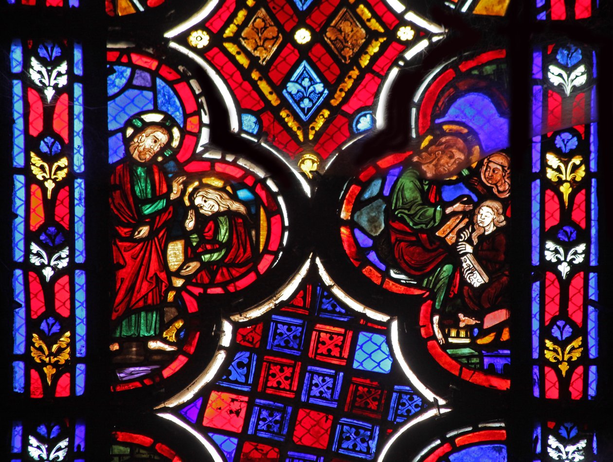 Vindue w1 forestiller Jesus med Martha og Maria Magdalene af French School