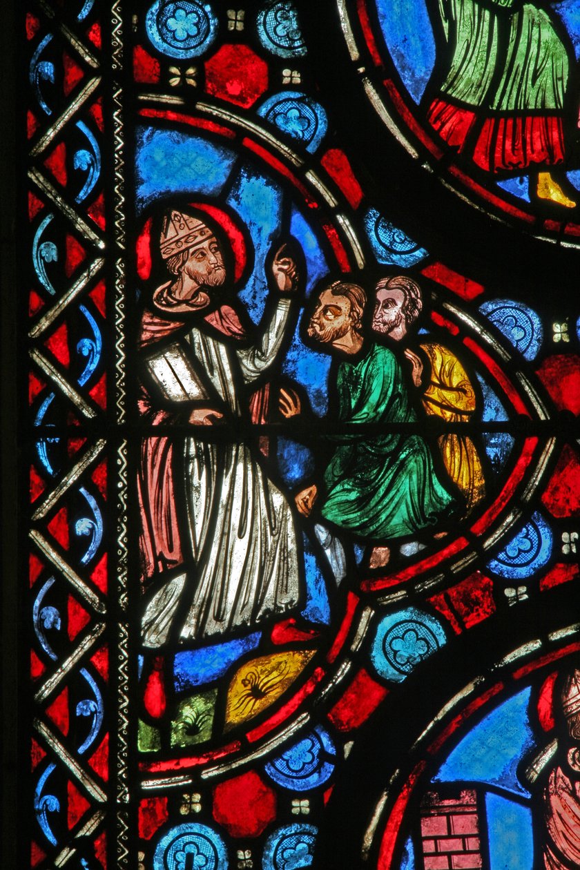 Vindue w1, der viser en scene fra St Martins liv (farvet glas) af French School