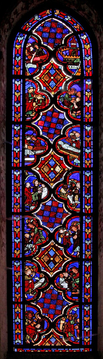 Vindue w1 viser en scene fra Maria Magdalenas liv med scener fra historien om Maria og Martha af French School