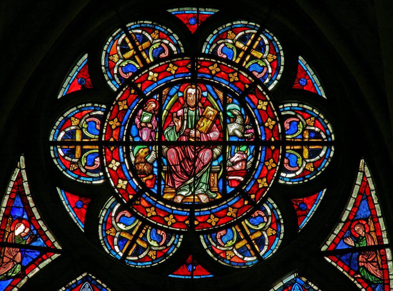 Vindue w200, der viser en roset: Kristus omgivet af evangelistsymboler af French School