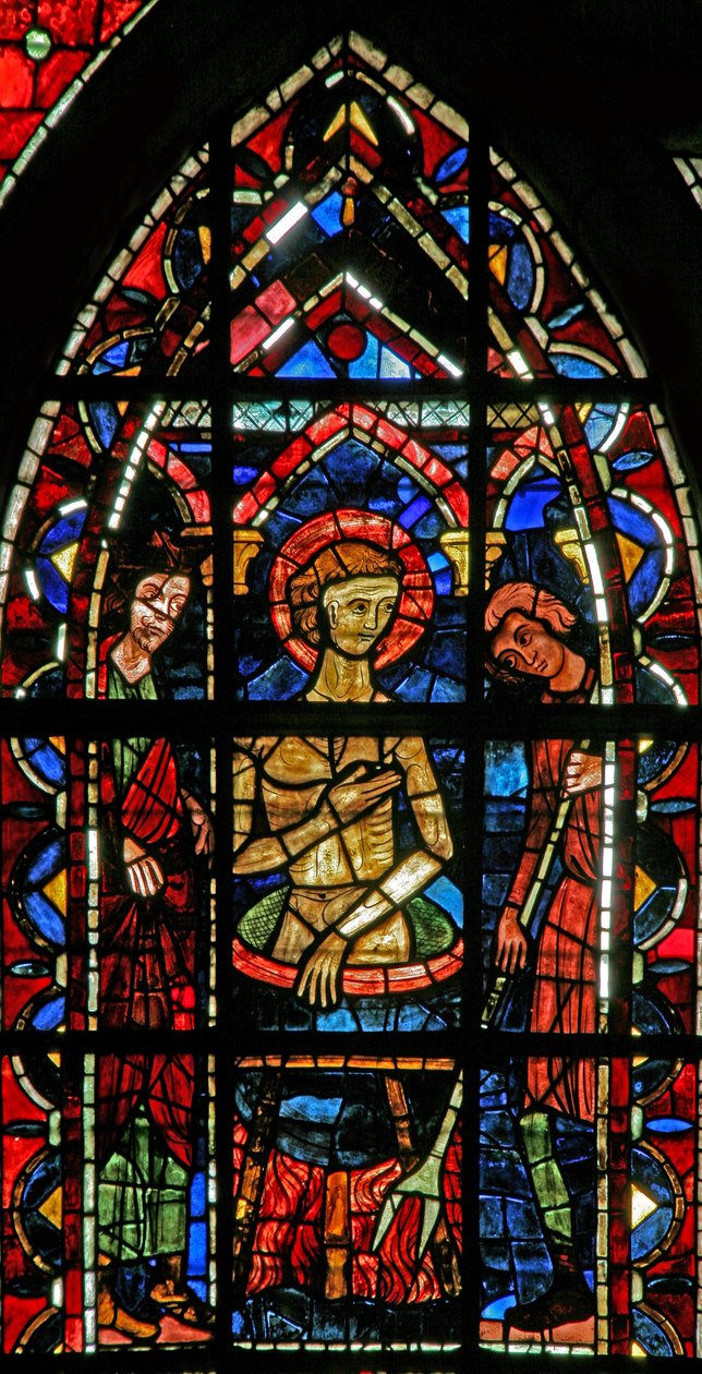 Vindue w202, der viser en scene fra legenden om St John: helgenen i en kedel med kogende olie af French School