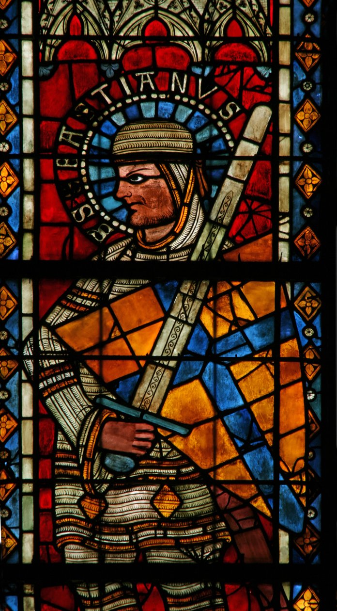 Vindue w203 forestillende Sankt Sebastian af French School