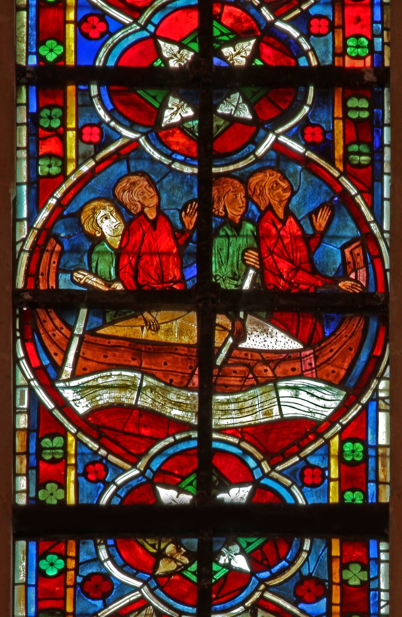 Vindue w209, der forestiller St. Nicholas, byder velkommen til en båd af French School
