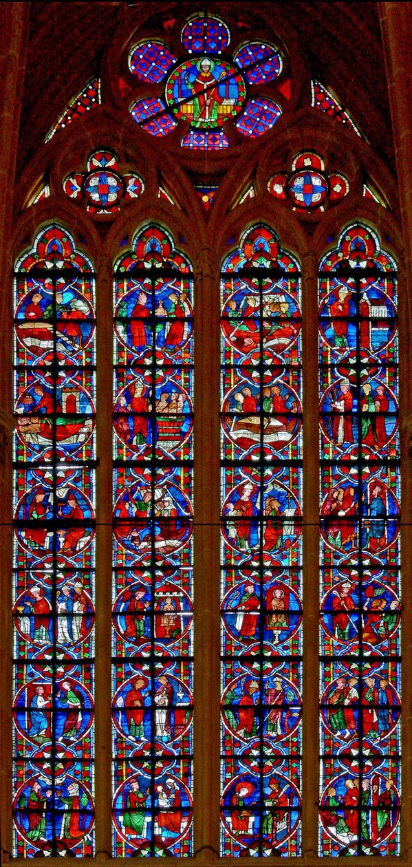 Vindue w209, der viser scener fra St Nicholas liv af French School