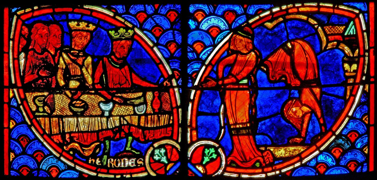 Vindue w20, der viser en scene fra Johannes Døberens liv: Salome danser for Herodes af French School