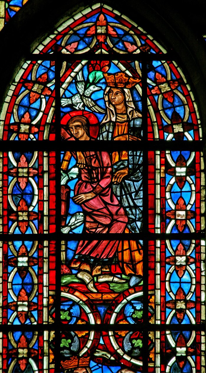 Vindue w211, der viser St. Helen-drømme (farvet glas) af French School