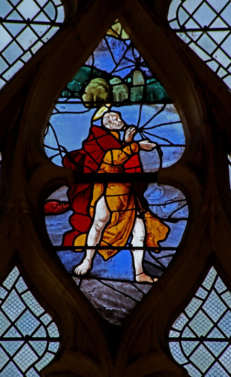 Vindue w21, der forestiller Kristus, får Sankt Peter til at gå på vandet - en detalje af French School