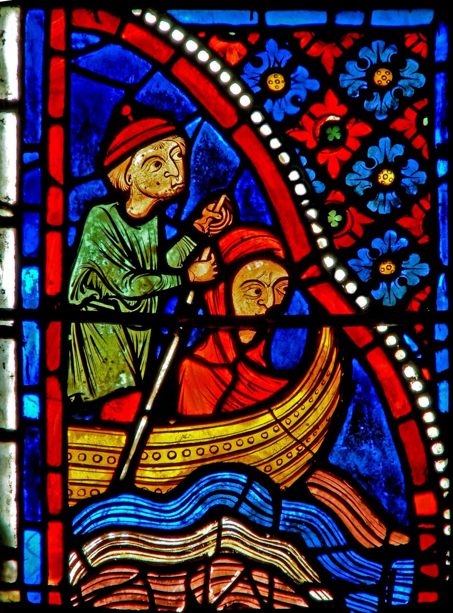 Vindue w21, der forestiller St. Mary den egyptiske, passerer floden og begynder anger af French School