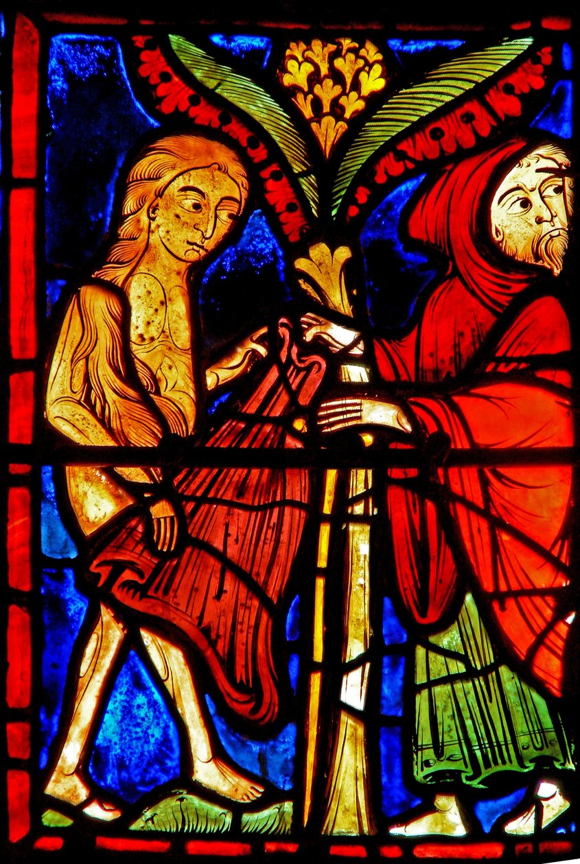 Vindue w21, der forestiller Zosimus, giver St. Mary den egyptiske sin kappe af French School