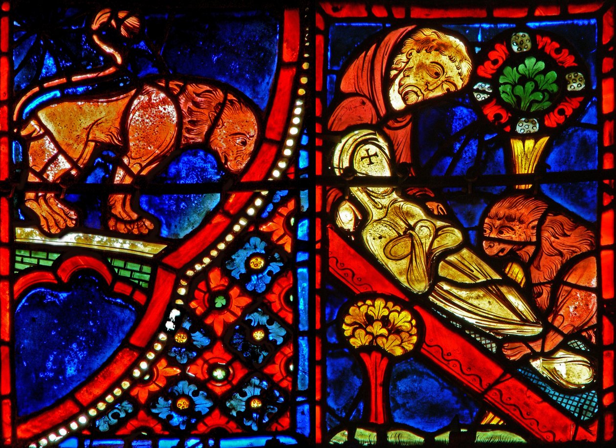 Vindue w21, der viser en løve, hjælper Zosimus med at begrave den egyptiske Maria af French School