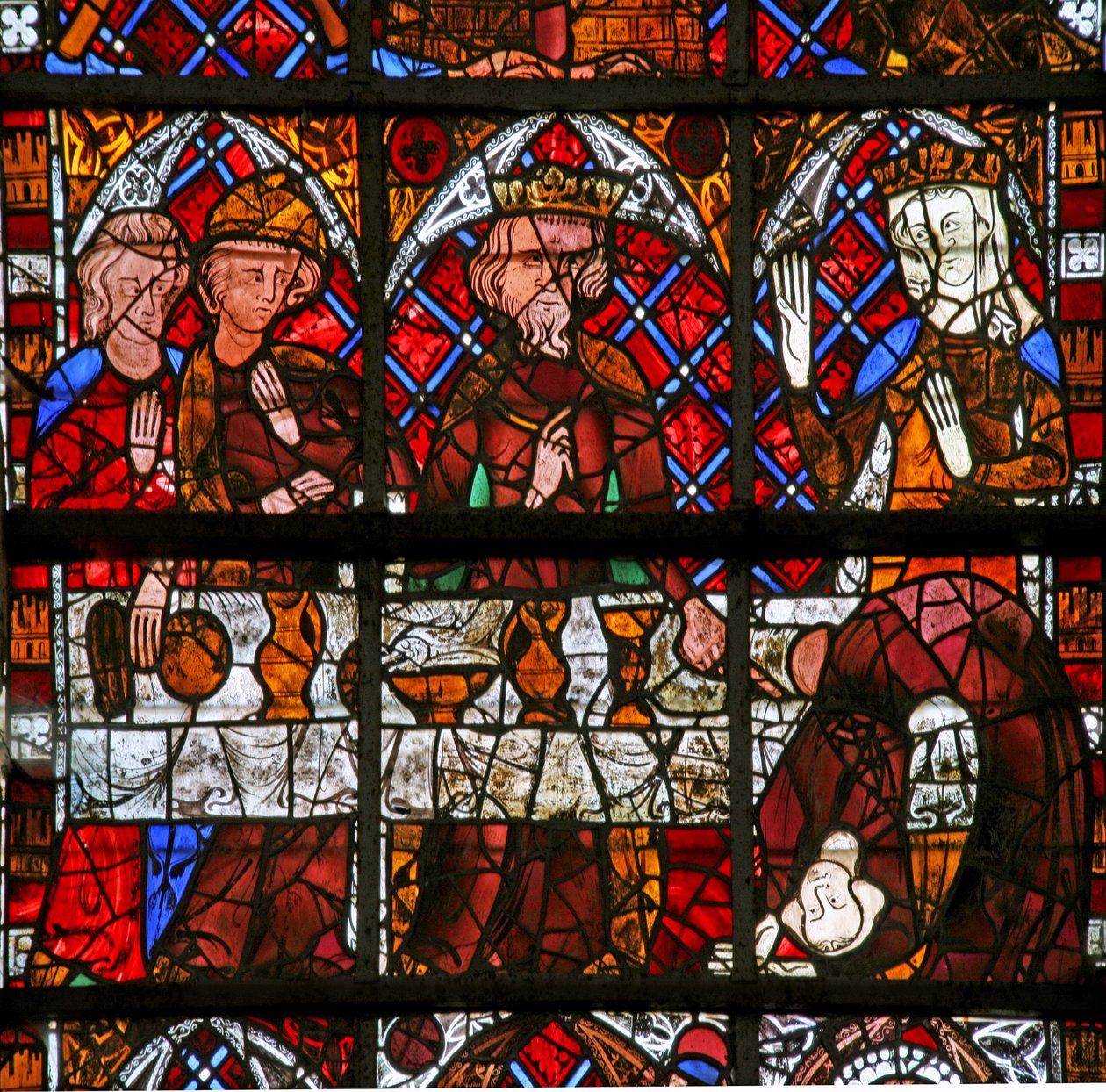 Vindue w225, der viser scener fra Johannes Døberens liv; Salome danser for Herodes af French School