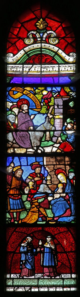 Vindue w22, der viser indtoget til Jerusalem; Tilbedelse af Magi; Ss Cosmos og Damian af French School