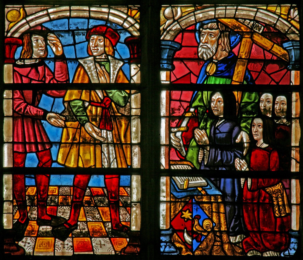 Vindue w232, der viser en scene fra historien om den fortabte søn: den ældre brors vrede; donorer hustru, døtre, St Simon af French School