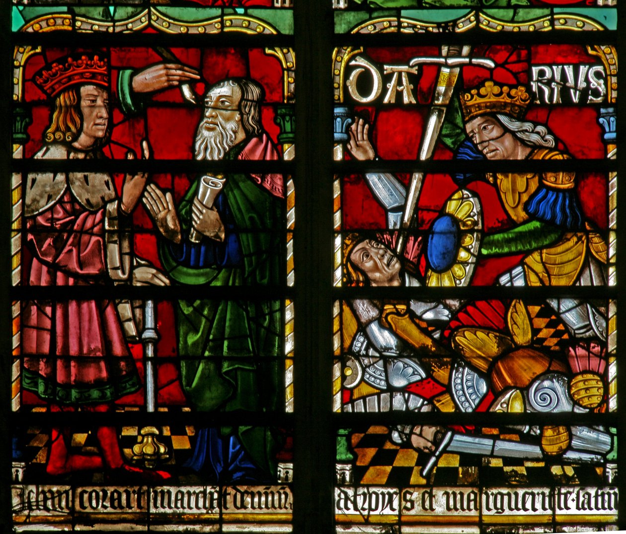 Vindue w236, der forestiller Daniel, fortolker skriften. Darius besejrer Belshazzar af French School