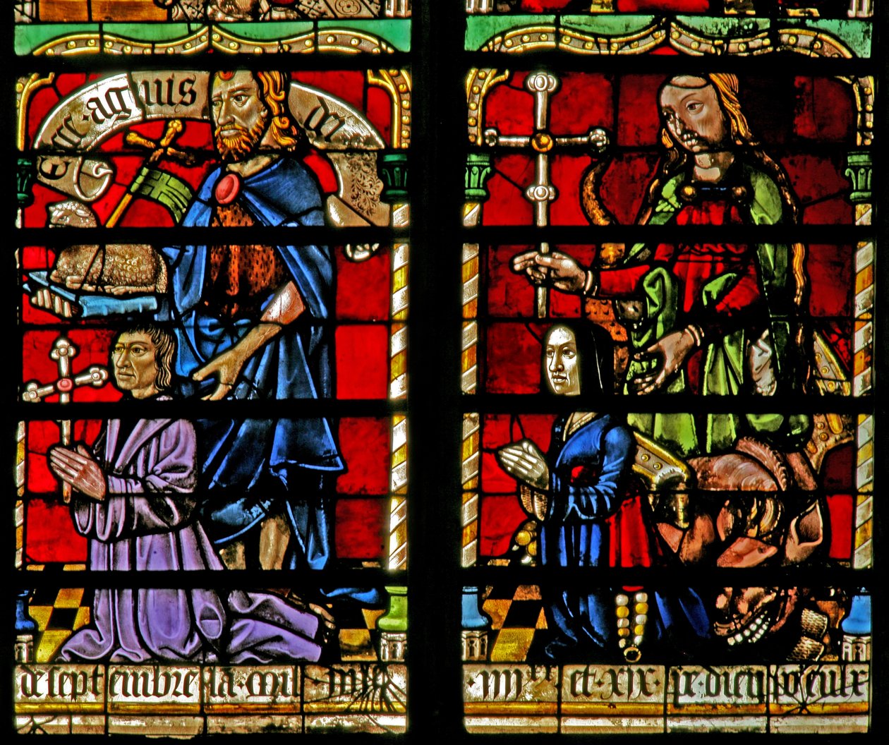 Vindue w236, der viser en donor - Jean Corart og hustru med St. John Baptist og St. Catherine af French School