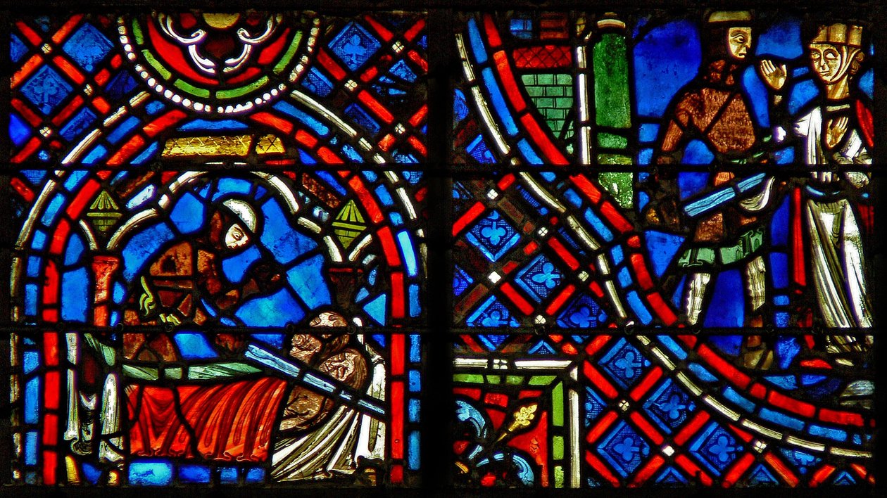 Vindue w23, der forestiller St. Julian Hospitalier, dræber et par i sin seng og troede, at hans kone begår utroskab af French School