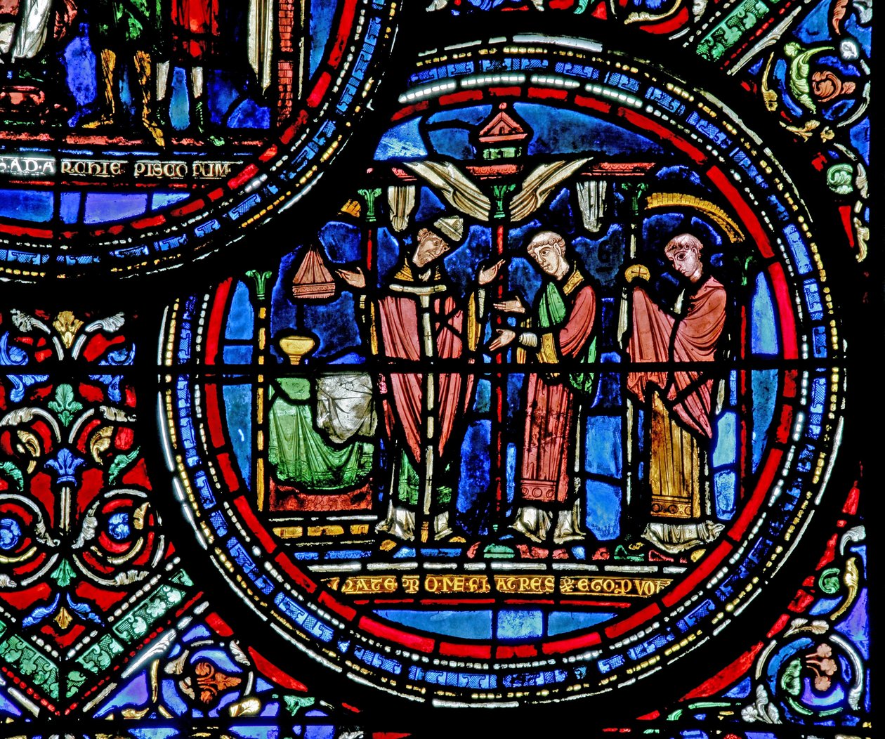 Vindue w23, der forestiller St. Thomas Becket, fejrer messe af French School