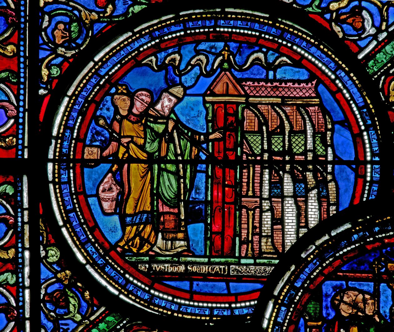 Vindue w23 viser St. Thomas Becket, der indvier en kirke af French School