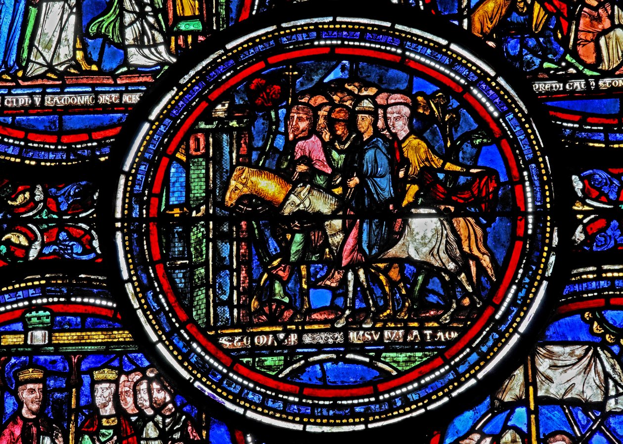 Vindue w23 viser St. Thomas Becket på vej til Canterbury af French School