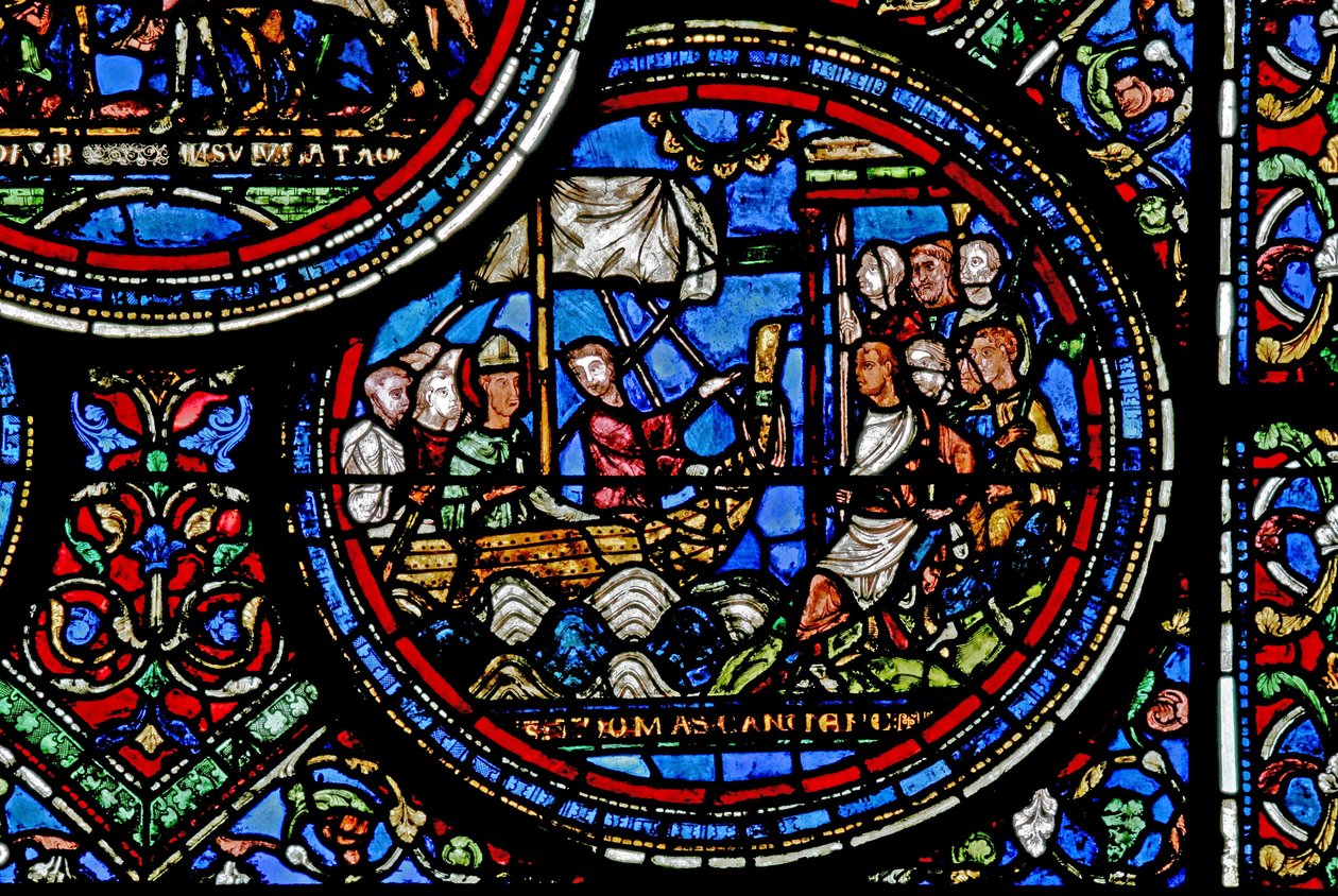 Vindue w23, der forestiller St. Thomas Becket, sætter sejl mod England af French School
