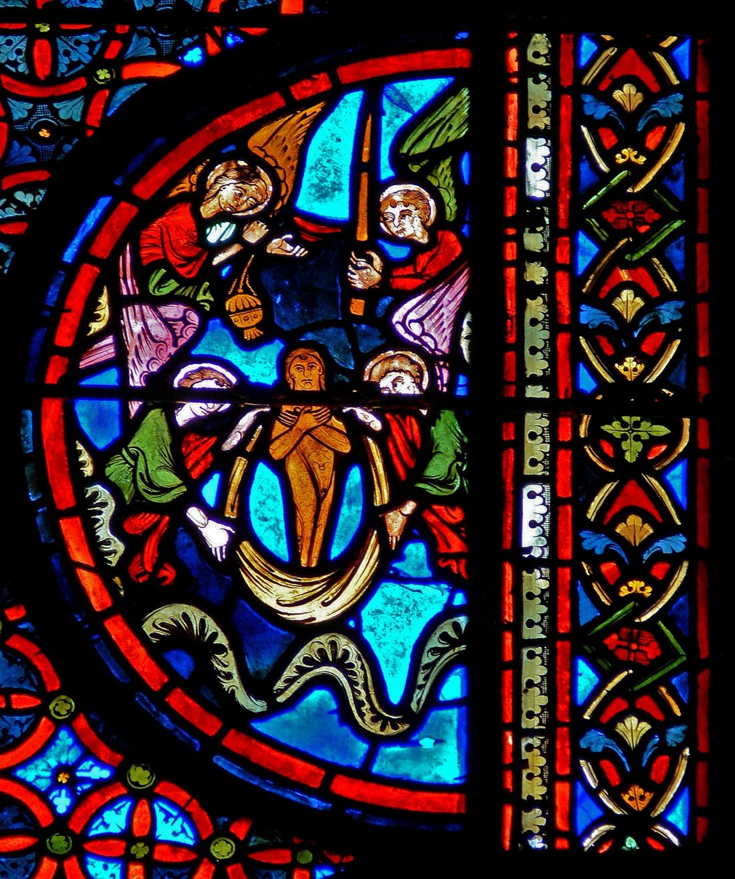 Vindue w23, der viser lignelsen om dyk og Lazarus: Lazarus sjæl i himlen af French School