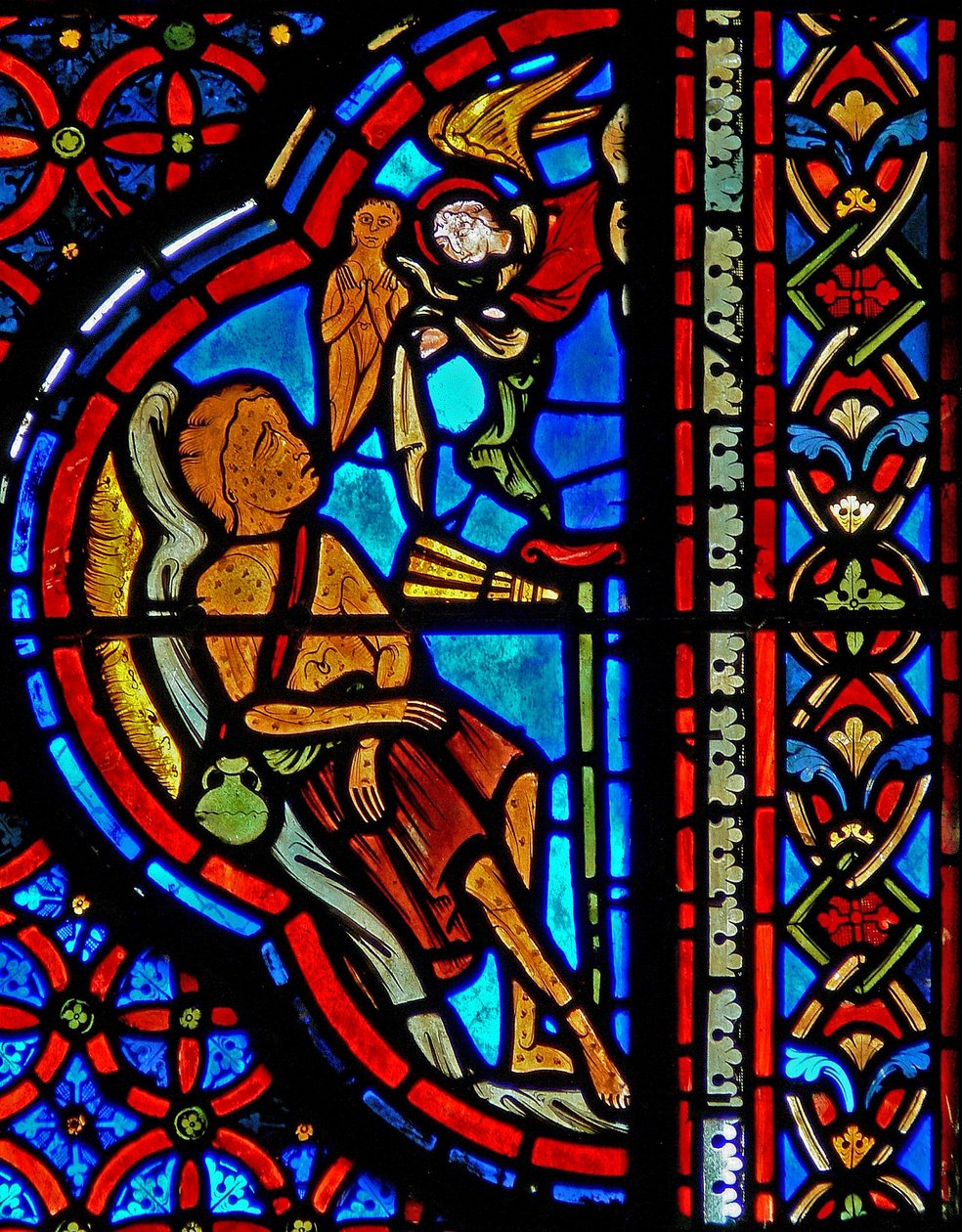 Vindue w23, der viser lignelsen om dyk og Lazarus: Lazarus død af French School