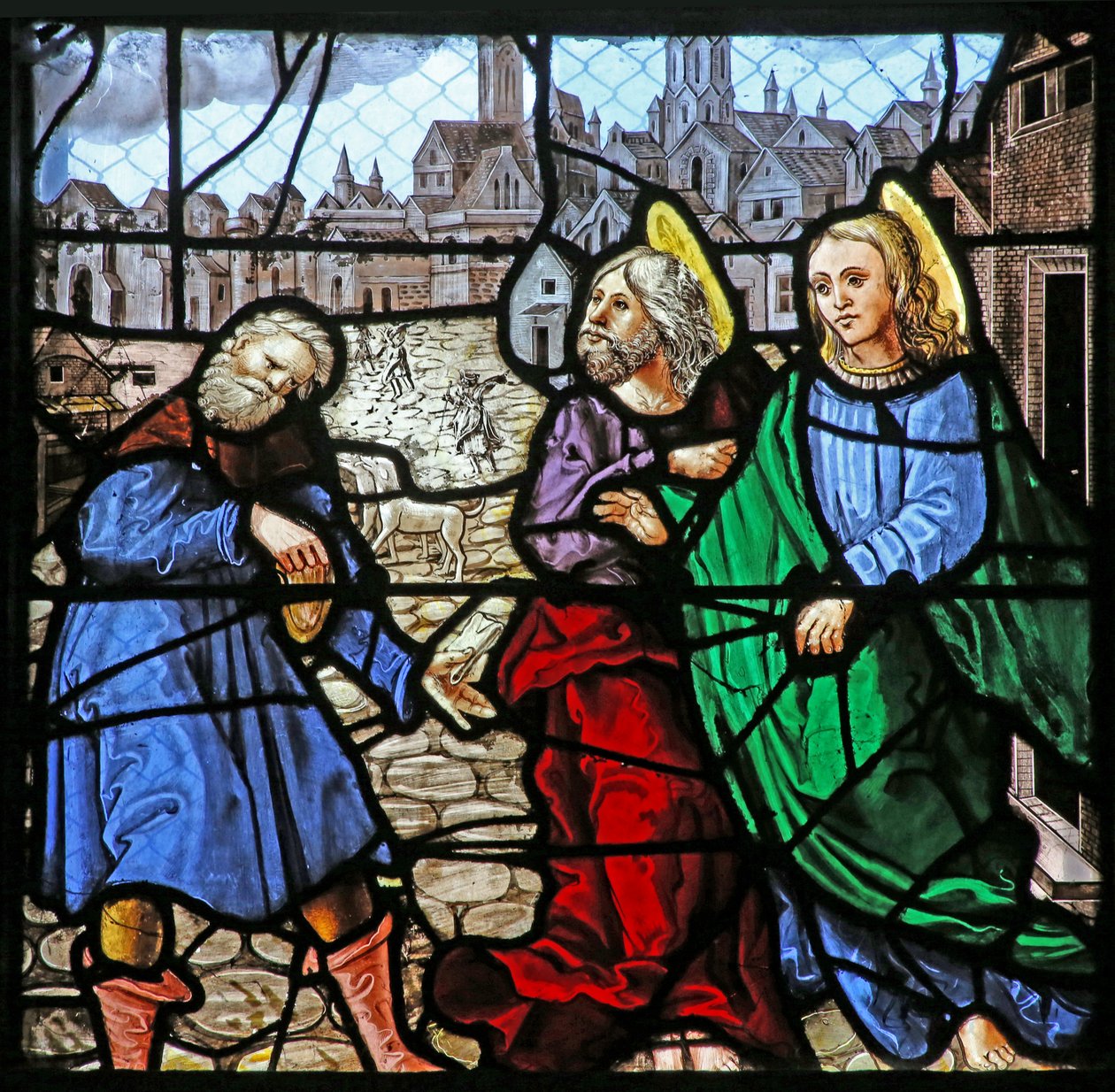 Vindue w24, der viser to apostle giver penge til en mand (LAumone de St Thomas?) af French School