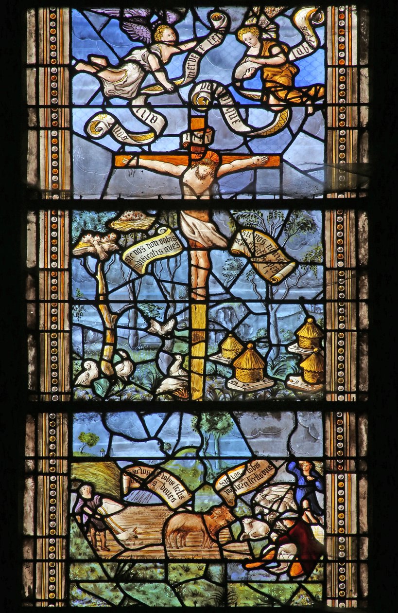 Vindue w26, der forestiller Kristus på korset omgivet af Virgil-inspirerede landscener. Vindu givet af Thomas Mangin: af French School
