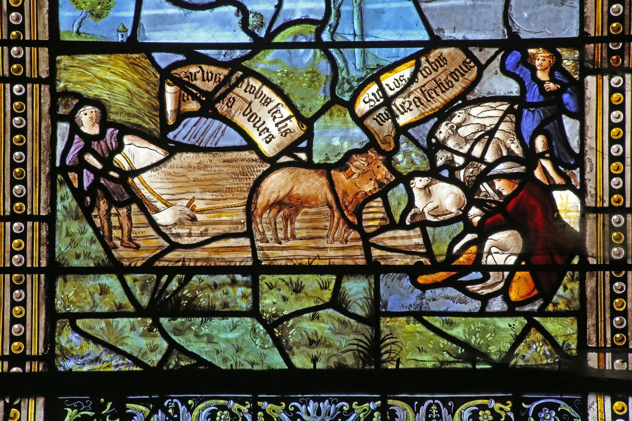 Vindue w26, der viser Virgil-inspirerede landscener under Kristus på korset af French School