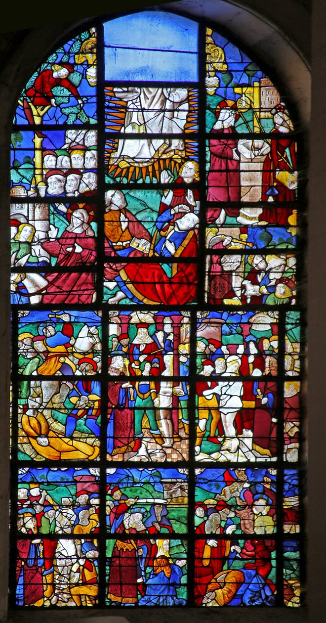 Vindue w27, der viser scener fra den hellige Barbaras liv og af lidenskaben og forvandlingen af French School