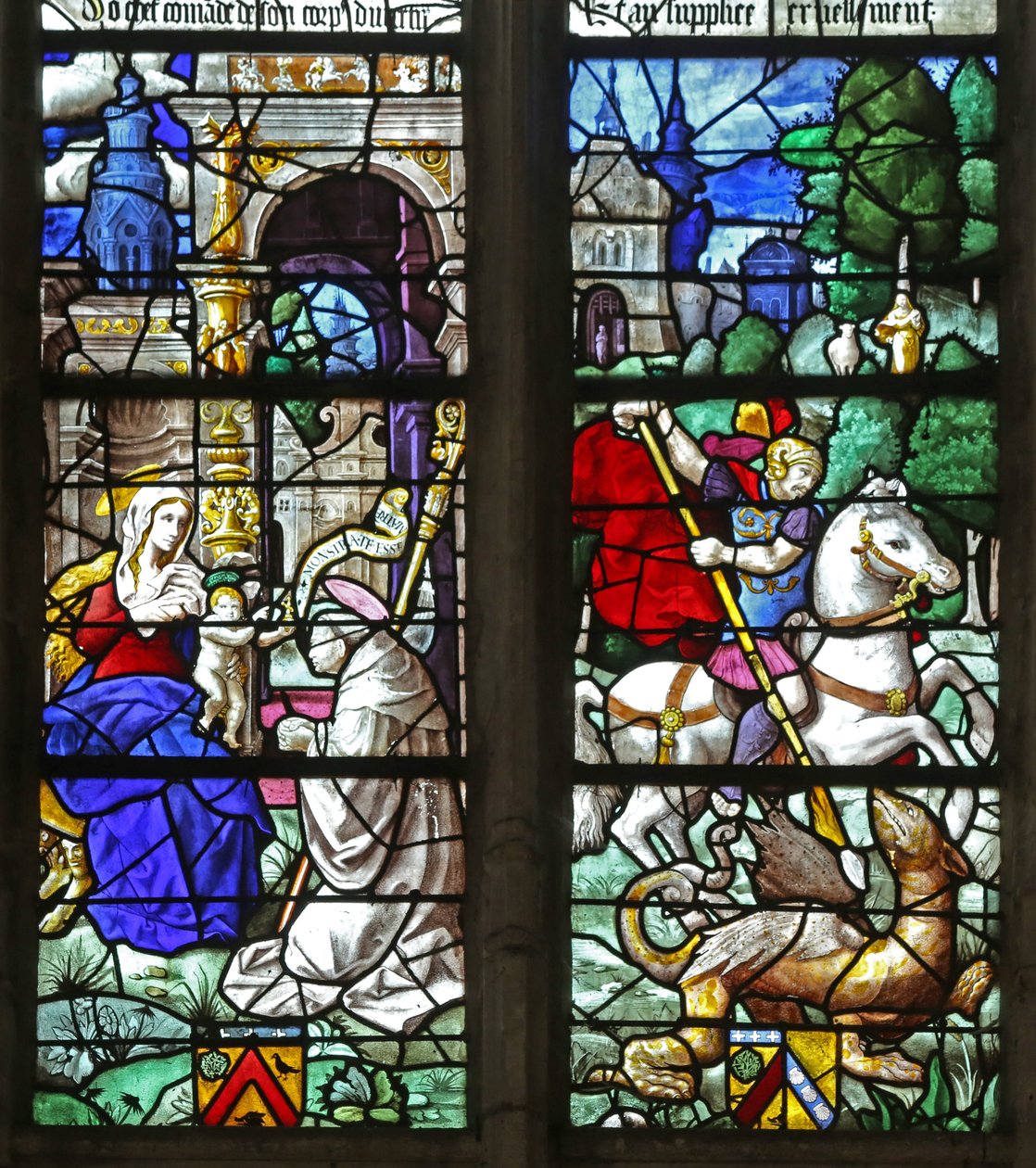 Vindue w2 viser en donorbiskop før Jomfruen og Barnet; St George af French School