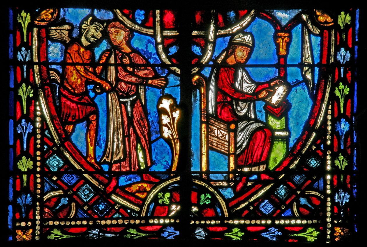 Vindue w2, der viser en scene fra Theophilus-historien (moderne) af French School