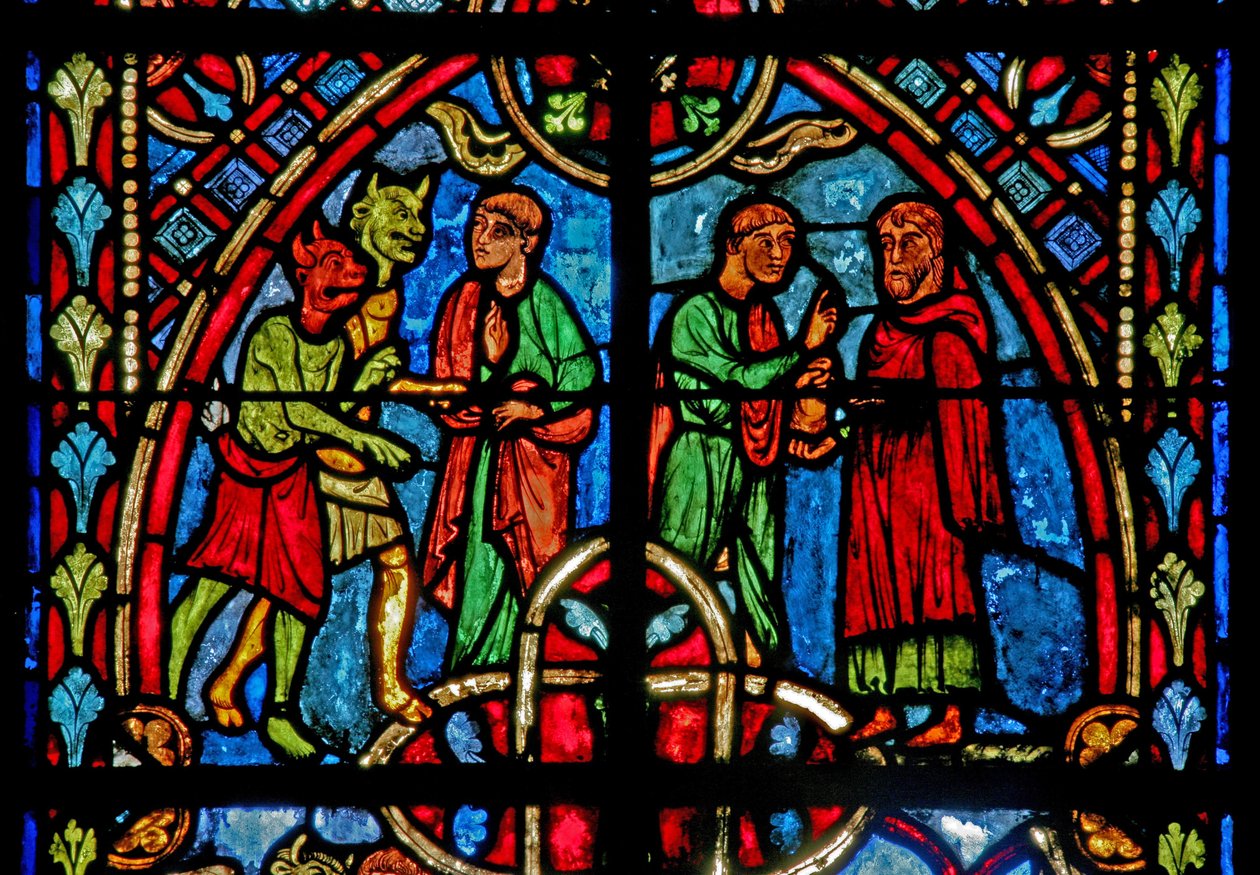 Vindue w2, der viser en scene fra Theophilus-historien (moderne) af French School