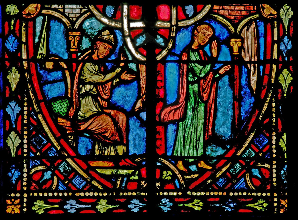 Vindue w2, der viser en scene fra Theophilus-historien (moderne) af French School