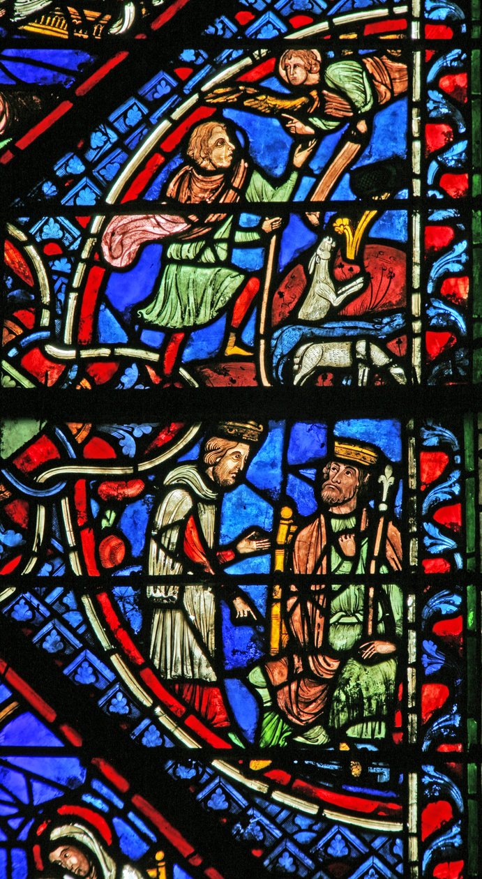 Vindue w2 viser magi med Herodes; Bebudelse til hyrderne af French School