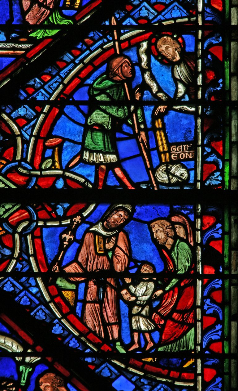 Vindue w2, der viser præsentationen af Samuel til Eli; Gideon og det gyldne skind af French School