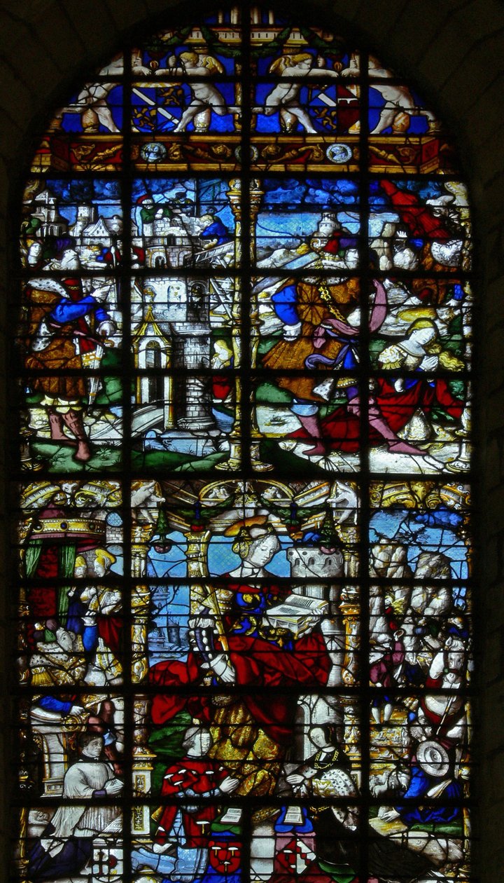 Vindue w37, der viser scener fra St Barbaras liv af French School
