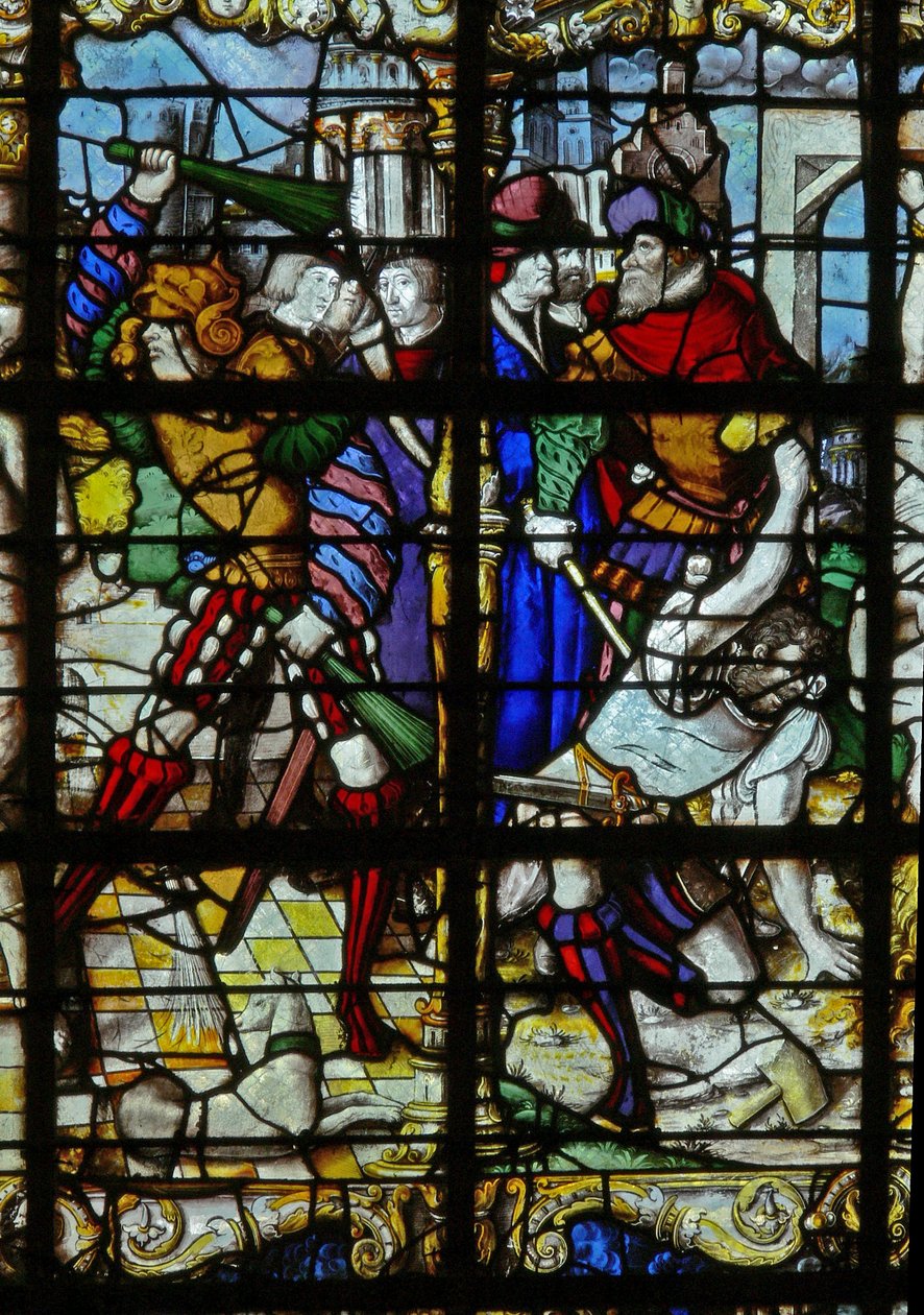 Vindue w37, der viser scener fra St Barbaras liv af French School