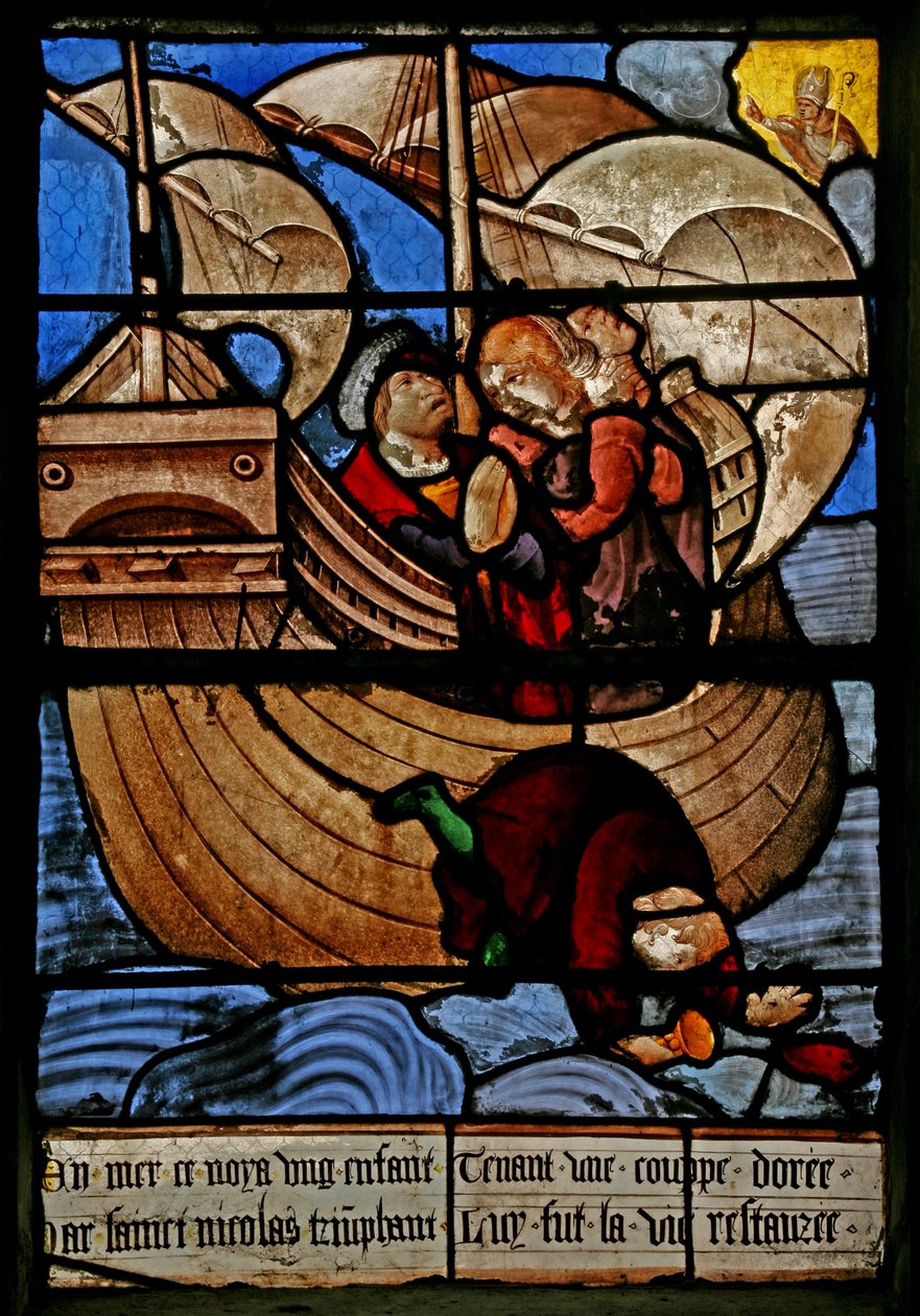 Vindue w3, der viser en scene fra en legende om St. Nicholas: drengens mirakel og koppen: en dreng falder overbord og mister en gylden kop af French School