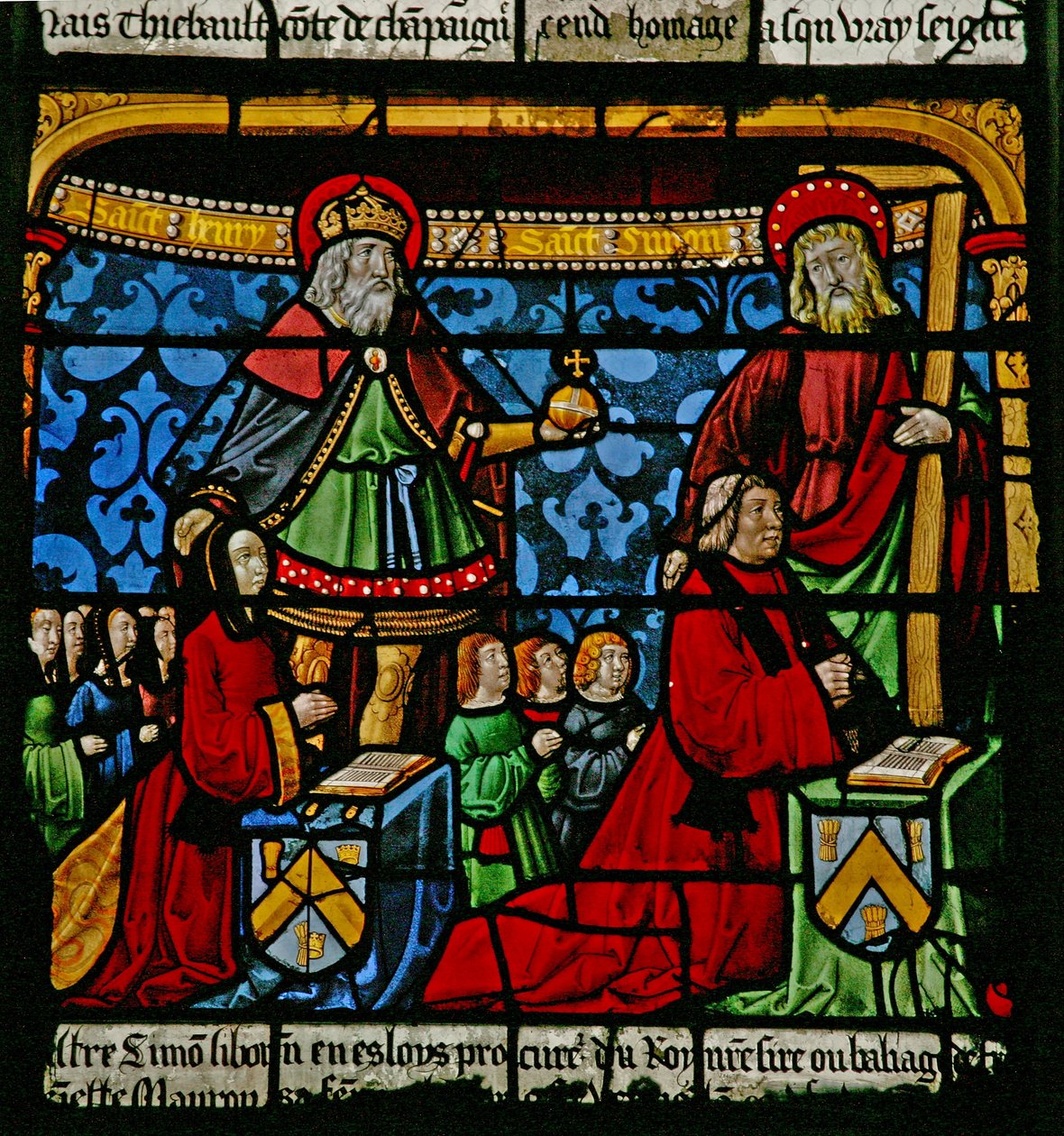 Vindue w3, der viser donorer - Henriette de Mauroy og Simon Liboron med deres børn og skytshelgener St. Henry og Simon af Cyrene af French School