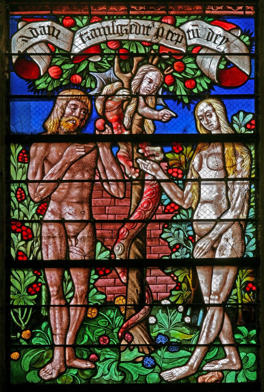 Vindue w40, der viser Adam og Evas fristelse af French School