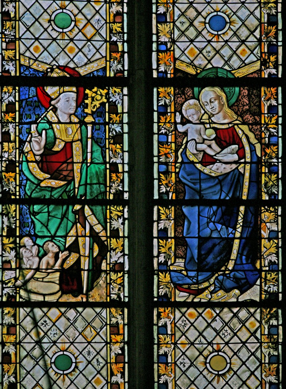 Vindue w43 forestillende Sankt Nikolaus og Jomfruen og Barnet af French School