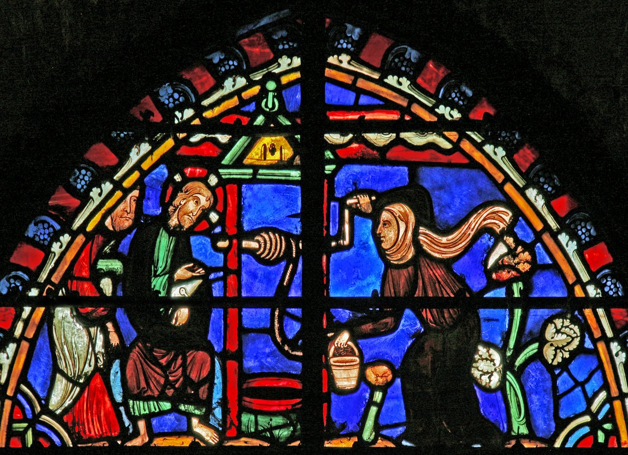 Vindue w4 viser Kristus og den samaritanske kvinde af French School