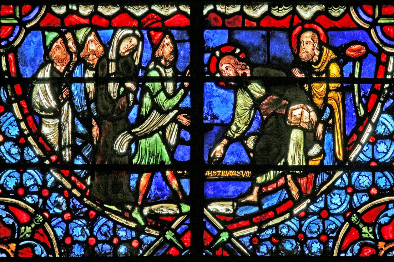Vindue w4, der forestiller Jesus, bliver spurgt om kvinden taget i utroskab af French School